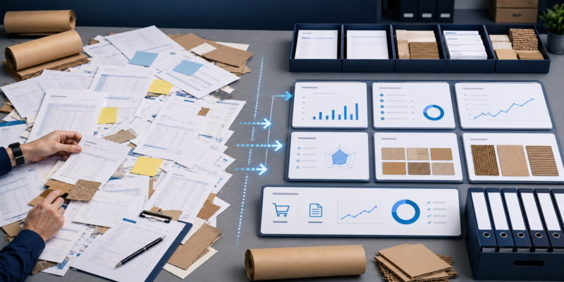 Messy paper procurement desk transforming into an organized data dashboard with files, charts, and paper samples.