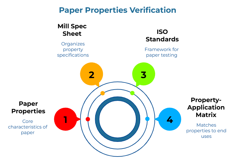 “Paper Properties Verification” showing four focus areas around a central target: core characteristics of paper, organized property specifications, a framework for paper testing, and matching verified properties to intended end uses.