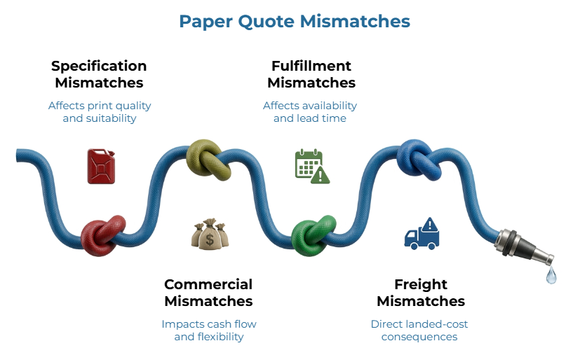“Paper Quote Mismatches” showing a blue hose tied in knots to represent four quote issues: specification mismatches, commercial mismatches, fulfillment mismatches, and freight mismatches, with impacts on quality, cash flow, lead time, and landed cost.