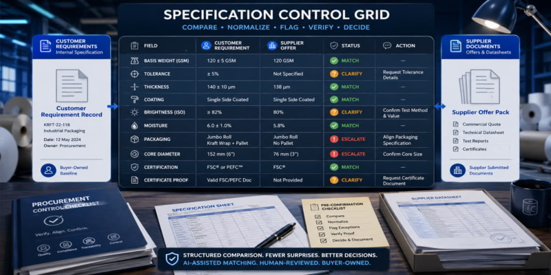 AI-assisted paper specification grid comparing customer requirements with supplier documents before order approval