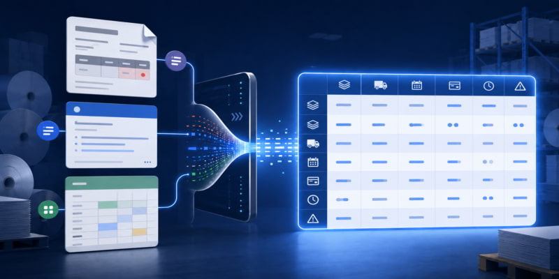 Supplier quote documents flowing into a normalized comparison table for paper procurement decisions.