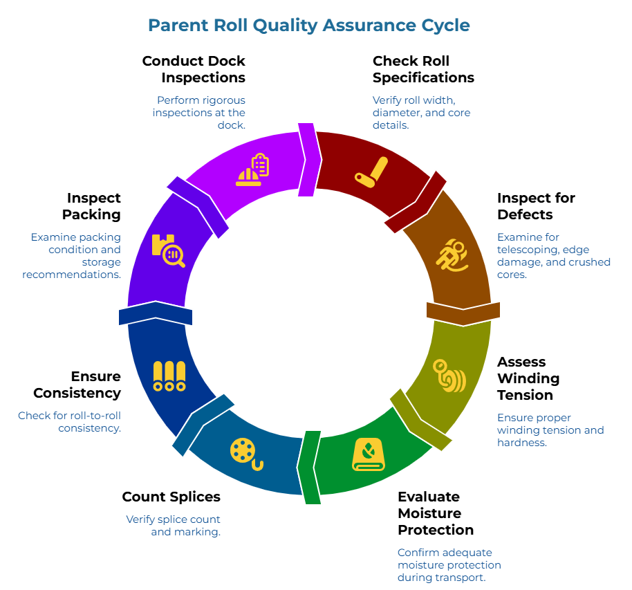 “Parent Roll Quality Assurance Cycle” showing eight inspection checks: dock inspection, roll width/diameter/core verification, telescoping and edge damage, winding tension and hardness, moisture protection, splice count, roll-to-roll consistency, and packing/storage condition.