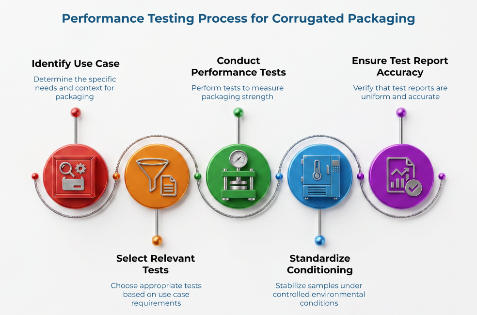 “Performance Testing Process for Corrugated Packaging” showing five linked steps: identify use case, select relevant tests, conduct performance tests, standardize conditioning, and ensure test report accuracy.