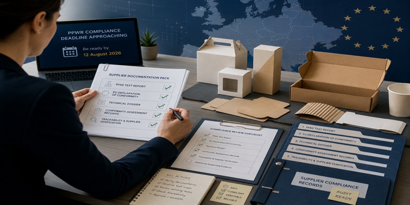 Procurement officer reviews PPWR supplier compliance documents beside paper packaging samples.