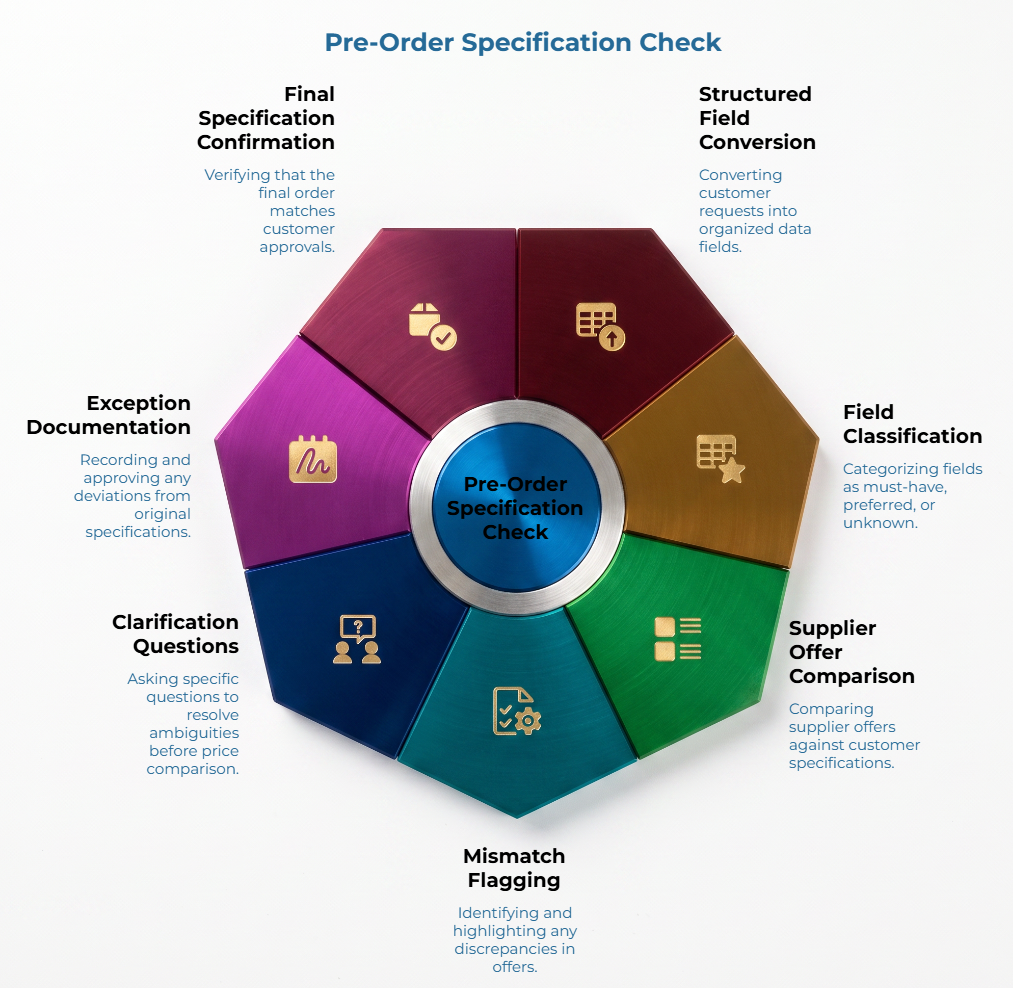“Pre-Order Specification Check” showing a segmented circular workflow around a central hub, covering structured field conversion, field classification, supplier offer comparison, mismatch flagging, clarification questions, exception documentation, and final confirmation.