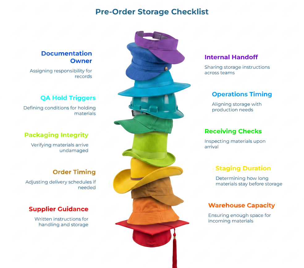 “Pre-Order Storage Checklist” showing stacked colored hats with ten checks: supplier guidance, order timing, packaging integrity, QA hold triggers, documentation owner, internal handoff, operations timing, receiving checks, staging duration, and warehouse capacity.
