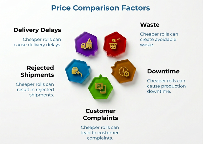“Price Comparison Factors” showing five hidden costs of cheaper paper rolls: delivery delays, rejected shipments, customer complaints, production downtime, and avoidable waste.