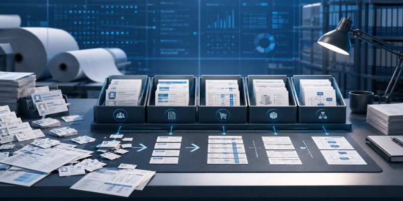 Procurement desk sorting messy supplier quotes and records into five organized data trays for cleaner buying intelligence