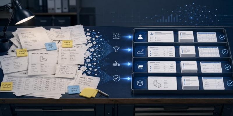 Messy procurement documents transform into organized data lanes on a digital workbench, showing AI-ready cleanup.