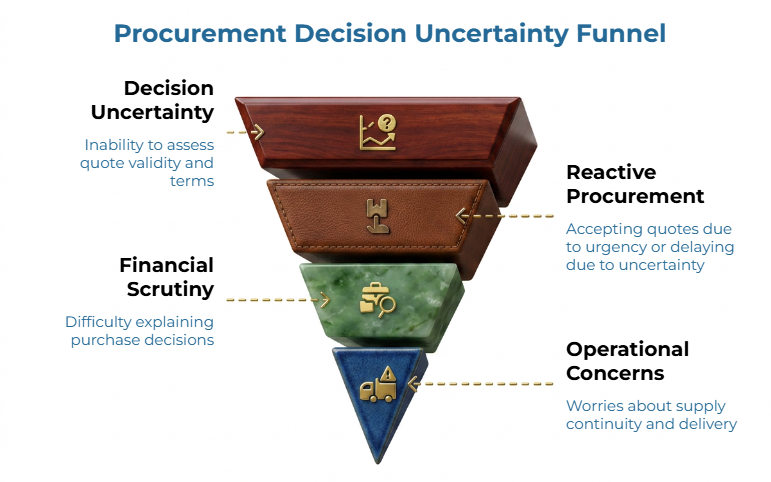 “Procurement Decision Uncertainty Funnel” showing an inverted funnel with four risk areas: decision uncertainty, reactive procurement, financial scrutiny, and operational concerns, highlighting quote validity, urgency, cost justification, and supply continuity.