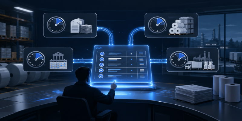Procurement manager in a blue control room reviewing a holographic dashboard linked to timing and supply signals.