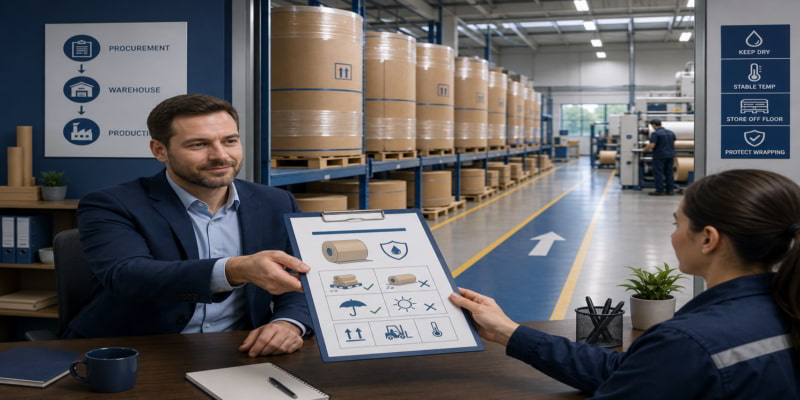 Procurement manager hands kraft paper storage guidance clipboard to warehouse staff in an office-warehouse setting.