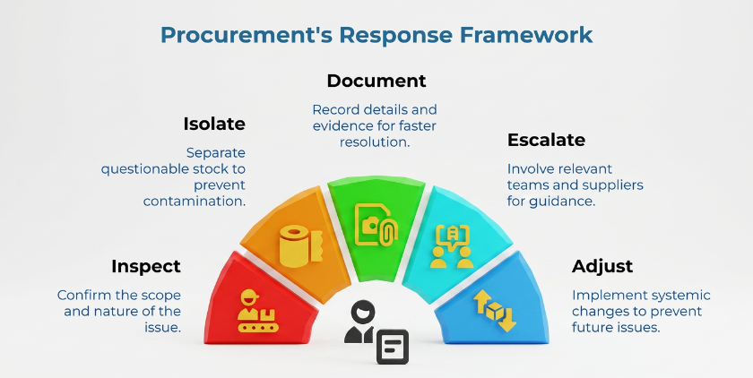 “Procurement’s Response Framework” showing a five-step arc for handling kraft paper issues: inspect, isolate, document, escalate, and adjust, with actions for confirming the issue, separating stock, recording evidence, involving teams, and preventing recurrence.