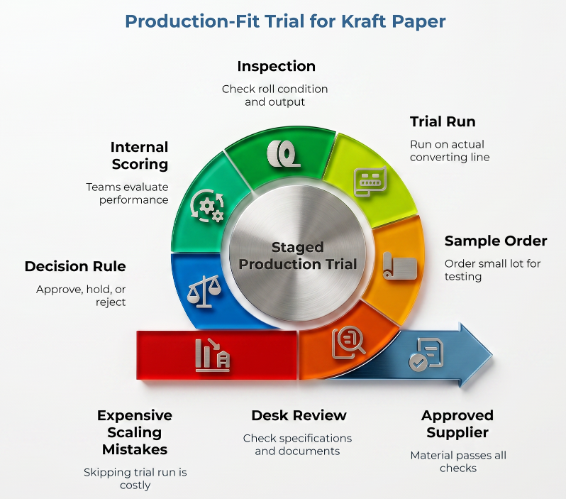 “Production-Fit Trial for Kraft Paper” showing a staged production trial workflow: desk review, sample order, inspection, trial run, internal scoring, decision rule, approved supplier outcome, and warning that skipping trials can cause costly scaling mistakes.