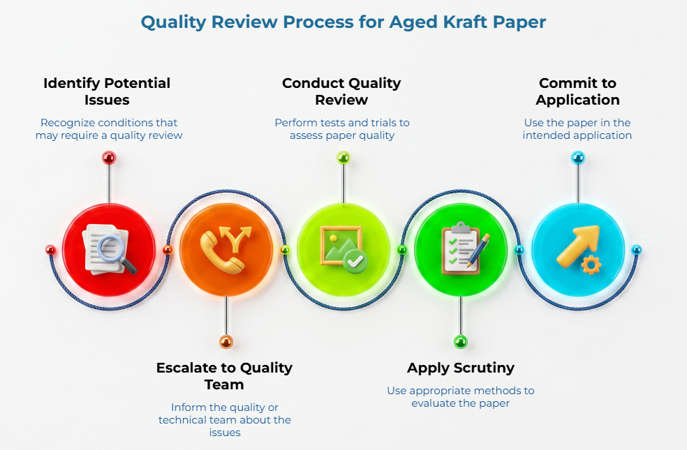 “Quality Review Process for Aged Kraft Paper” showing five linked steps: identify potential issues, escalate to quality team, conduct quality review, apply scrutiny, and commit paper to the intended application.