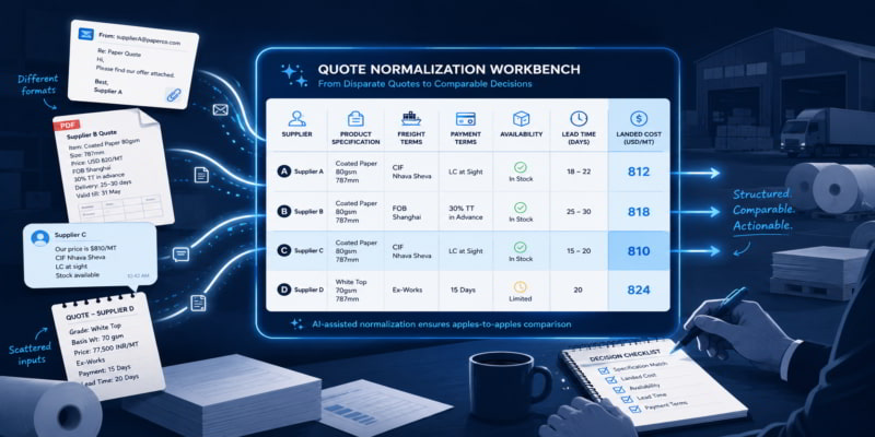 Procurement dashboard turning scattered paper supplier quotes into a normalized comparison matrix.