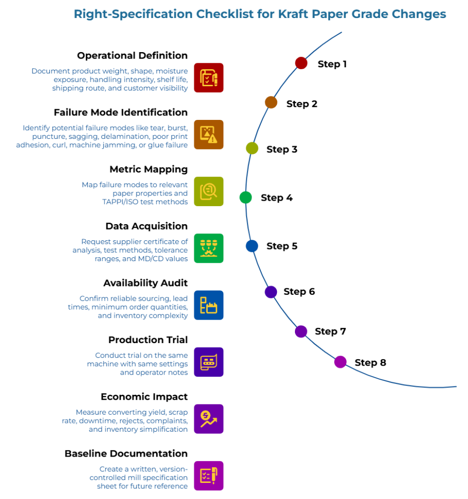 “Right Specification Checklist for Kraft Paper Grade Changes” showing eight checklist steps: document product conditions, identify failure modes, map them to paper properties and tests, request supplier COA data, confirm sourcing constraints, run machine trials, measure yield impacts, and create a version-controlled specification.