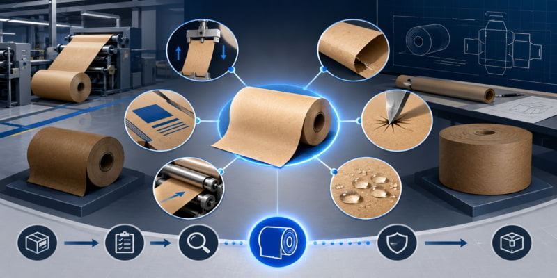 Illustration of kraft paper grade selection mapped to tear, moisture, puncture, runnability, and print risks.