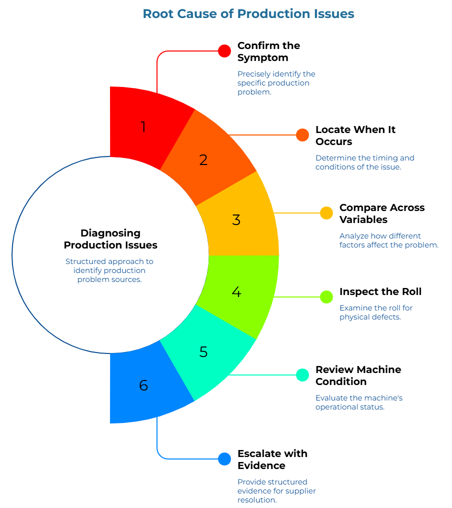 “Root Cause of Production Issues” showing a six-step structured process: identify the production problem, record timing and conditions, analyze contributing factors, inspect rolls for defects, evaluate machine status, and gather evidence for supplier resolution.