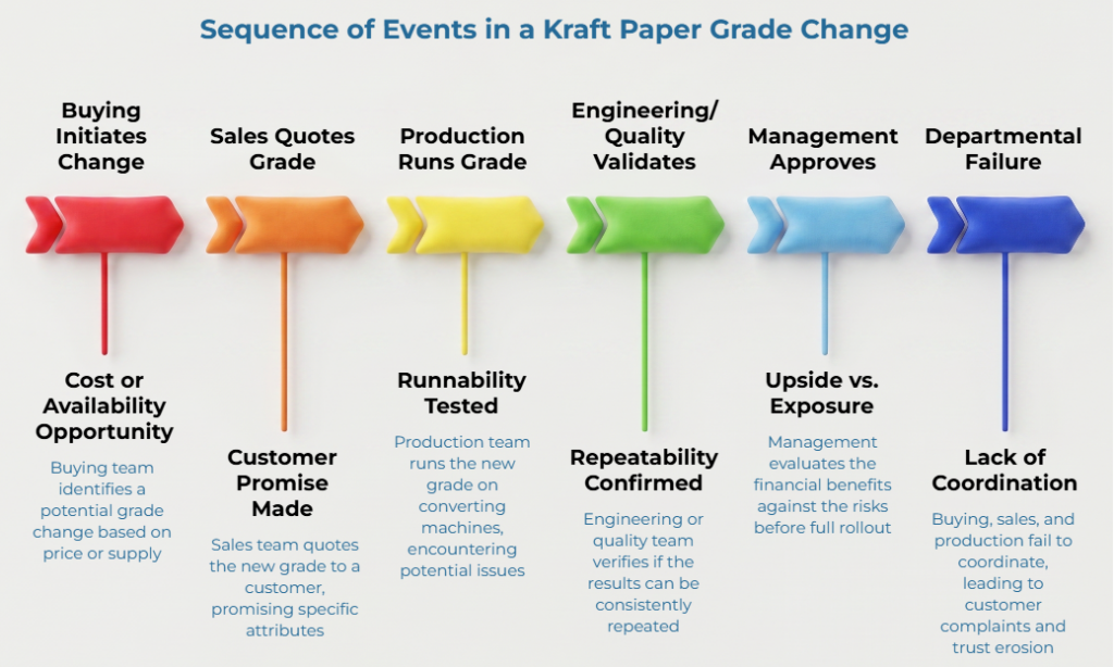 “Sequence of Events in a Kraft Paper Grade Change” showing six color-coded steps: buying initiates change, sales quotes grade, production runs grade, engineering/quality validates, management approves, and departmental failure from lack of coordination.