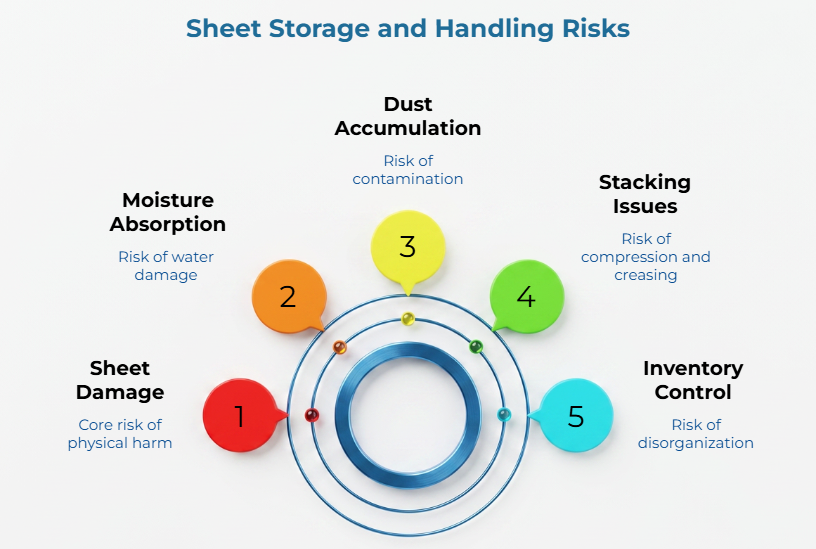 “Sheet Storage and Handling Risks” showing a circular five-point risk map for paper sheets: sheet damage, moisture absorption, dust accumulation, stacking issues, and inventory control, highlighting physical harm, water damage, contamination, creasing, and disorganization.