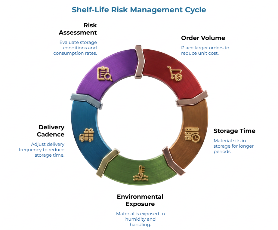 “Shelf-Life Risk Management Cycle” showing a circular process for kraft paper procurement: risk assessment, order volume, storage time, environmental exposure, and delivery cadence, linking bulk buying, humidity risk, and storage duration.