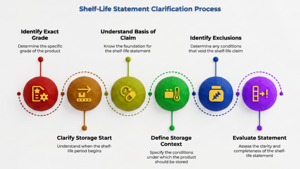 “Shelf-Life Statement Clarification Process” showing six linked steps: identify exact grade, clarify storage start, understand basis of claim, define storage context, identify exclusions, and evaluate statement completeness.