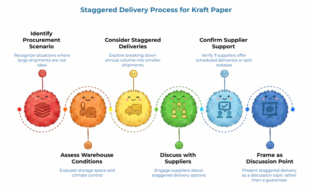 “Staggered Delivery Process for Kraft Paper” showing six colorful steps: identify procurement scenario, assess warehouse conditions, consider staggered deliveries, discuss with suppliers, confirm support, and frame as discussion point.