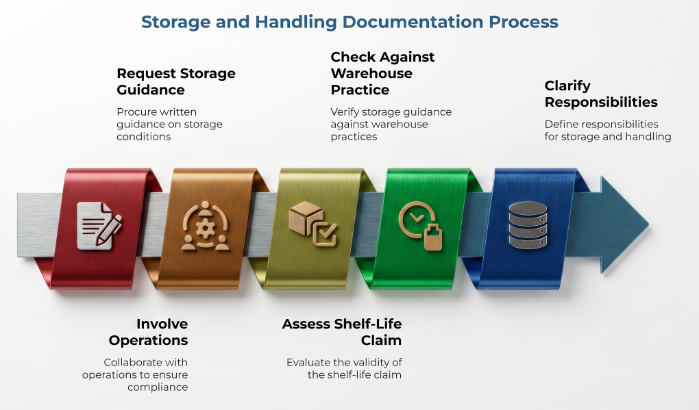 “Storage and Handling Documentation Process” showing a right-facing arrow with five steps: request storage guidance, involve operations, check warehouse practice, assess shelf-life claim, and clarify responsibilities.