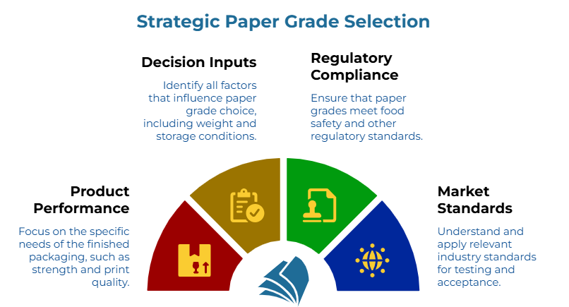 “Strategic Paper Grade Selection” showing four criteria: identify factors influencing paper grade choice, meet food safety and regulatory standards, apply industry testing and acceptance standards, and focus on finished packaging needs such as strength and print quality.