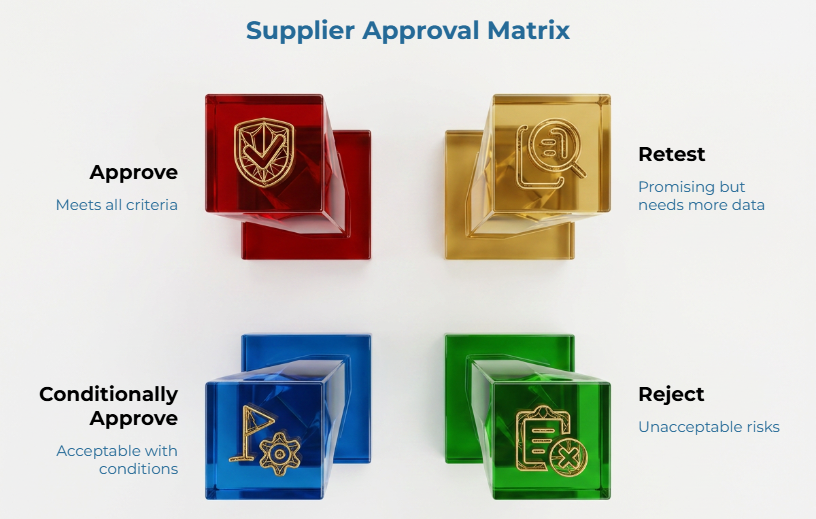 “Supplier Approval Matrix” showing four supplier qualification outcomes: approve when all criteria are met, retest when promising but more data is needed, conditionally approve with controls, or reject when risks are unacceptable.