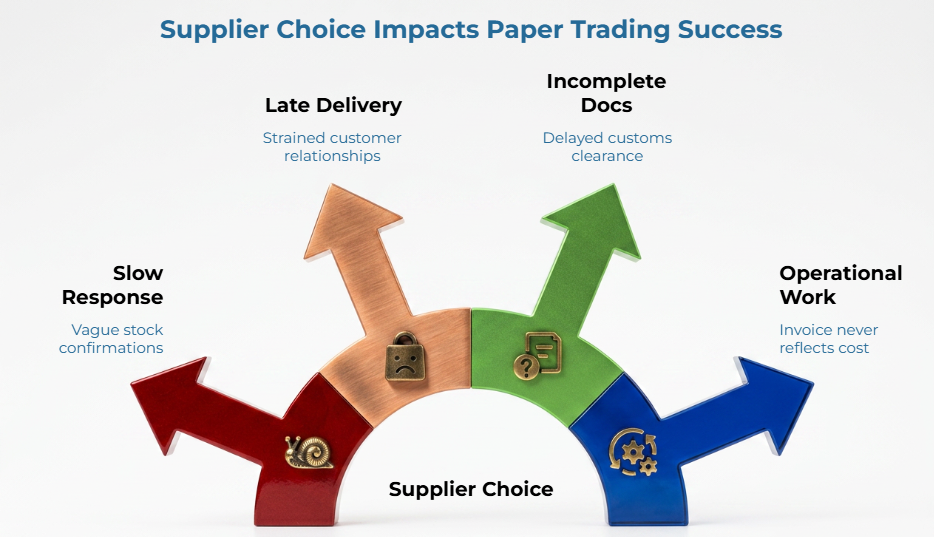 “Supplier Choice Impacts Paper Trading Success” showing supplier choice leading to four outcomes: slow response, late delivery, incomplete documents, and operational work, with impacts including vague stock confirmations, strained relationships, customs delays, and hidden costs.