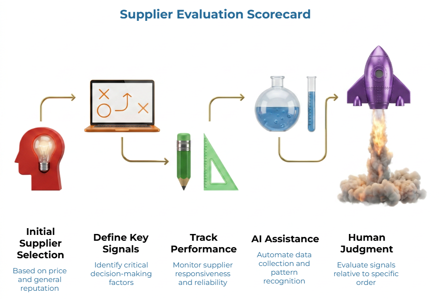 “Supplier Evaluation Scorecard” showing a workflow from initial supplier selection to key signal definition, performance tracking, AI-assisted data analysis, and final human judgment for evaluating supplier reliability and order-specific fit.