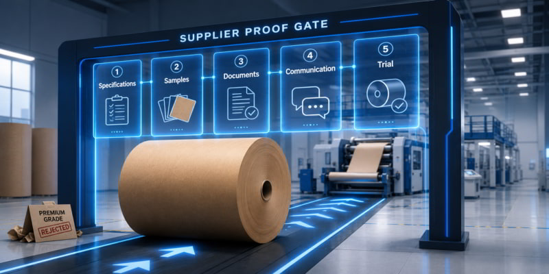 Kraft paper parent roll passing through a glowing supplier proof gate inside a modern paper converting factory.