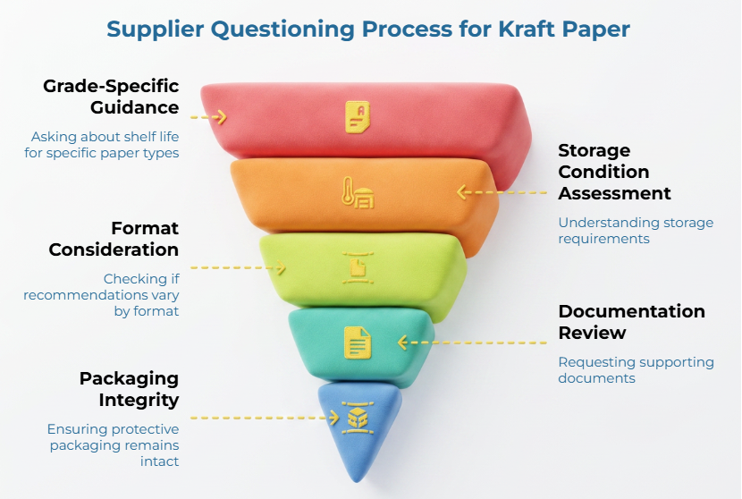 “Supplier Questioning Process for Kraft Paper” showing a layered funnel with five checks: grade-specific guidance, storage condition assessment, format consideration, documentation review, and packaging integrity for confirming kraft paper shelf life and storage needs.