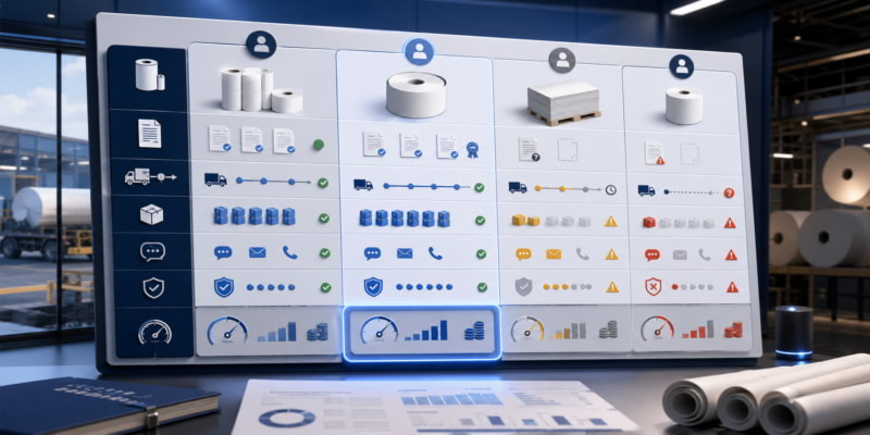 Supplier reliability dashboard comparing paper suppliers by documents, delivery, stock, and warning signals.