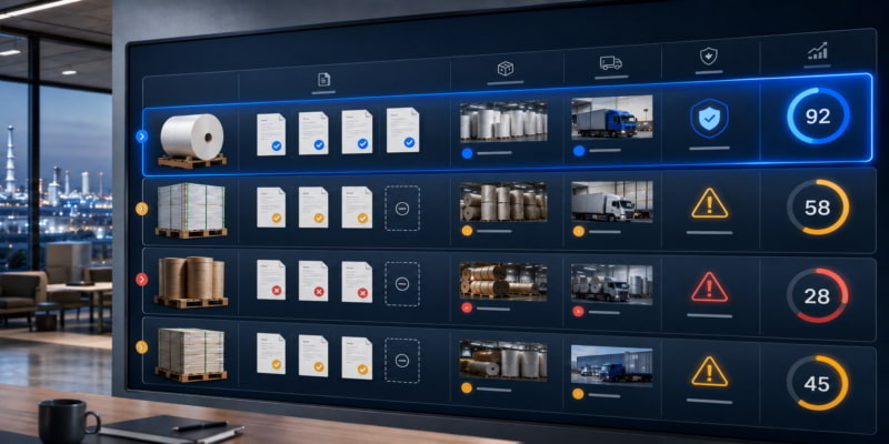 Digital supplier reliability dashboard showing paper inventory, trucks, warning icons, and supplier risk scores.