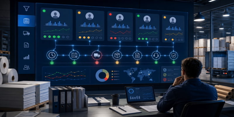 Procurement manager reviewing supplier reliability signals on a digital dashboard in a paper warehouse