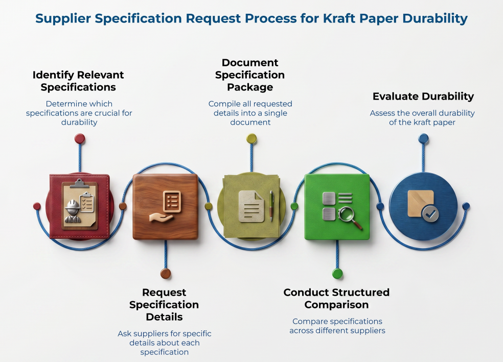 “Supplier Specification Request Process for Kraft Paper Durability” showing a five-step workflow: identify relevant specifications, request details, document the package, compare suppliers, and evaluate durability.