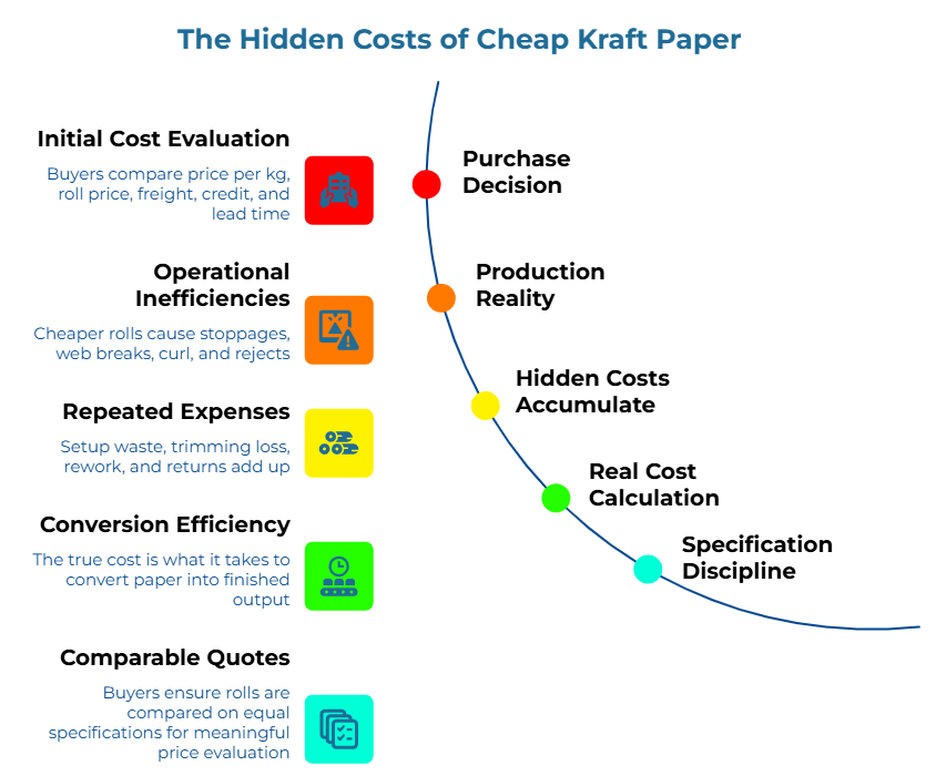 “The Hidden Costs of Cheap Kraft Paper” showing five considerations: buyers compare price, freight, credit and lead time; cheap rolls can cause stoppages and rejects; waste and rework costs add up; true cost depends on finished output; and equal specifications enable meaningful price comparison.