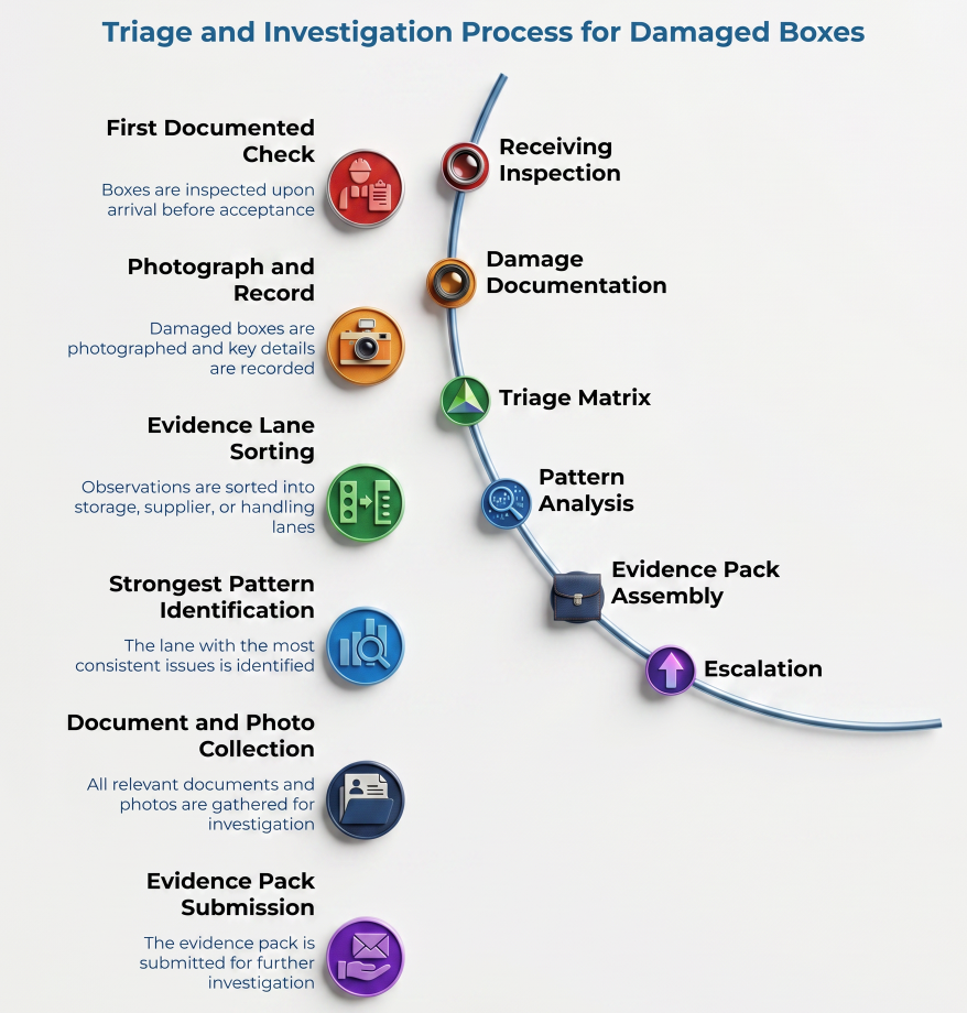 “Triage and Investigation Process for Damaged Boxes” showing a curved workflow from receiving inspection and damage documentation to triage matrix, pattern analysis, evidence pack assembly, escalation, and evidence submission.