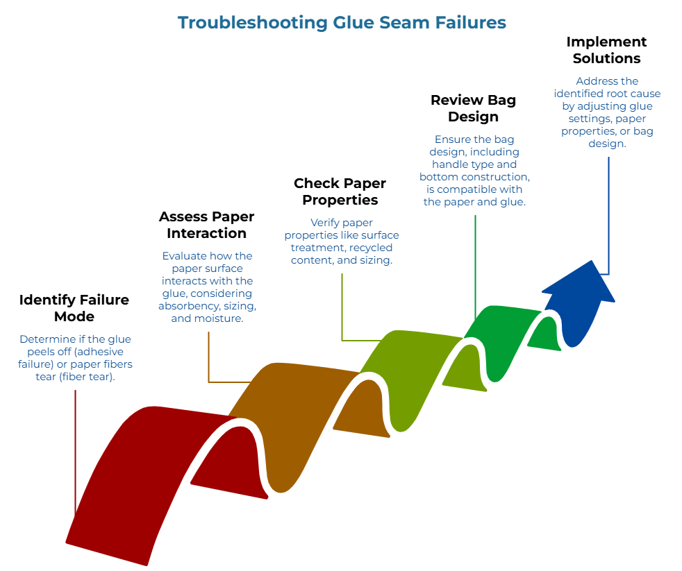 “Troubleshooting Glue Seam Failures” showing five steps: determine adhesive vs. fiber tear, assess glue interaction with paper surface, verify paper properties, confirm bag design compatibility, and adjust glue settings, paper properties, or bag design to correct the root cause.
