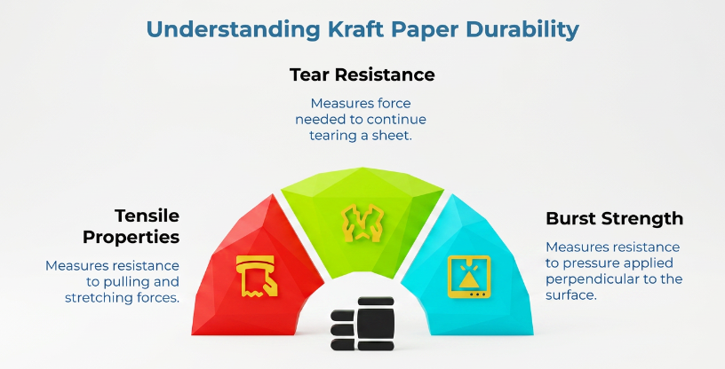 “Understanding Kraft Paper Durability” showing three colored gauge segments for tensile properties, tear resistance, and burst strength, each explaining how kraft paper withstands pulling, tearing, and pressure forces.