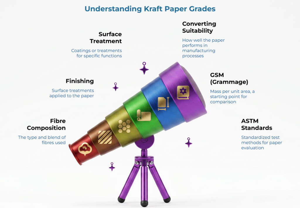 “Understanding Kraft Paper Grades” showing a colorful telescope with key grade factors: fibre composition, finishing, surface treatment, converting suitability, GSM or grammage, and ASTM standards for comparing paper performance.