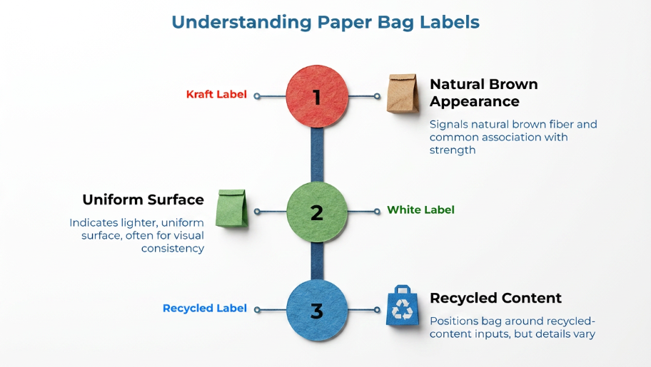 “Understanding Paper Bag Labels” showing a three-step vertical guide: kraft label for natural brown appearance, white label for uniform surface, and recycled label for recycled-content positioning.