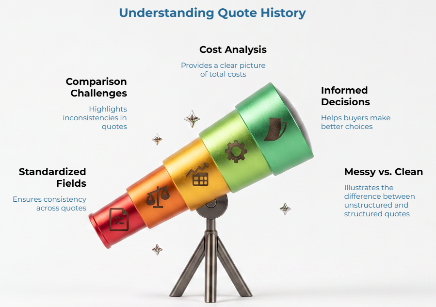 “Understanding Quote History” showing a colorful telescope surrounded by themes: standardized fields, comparison challenges, cost analysis, informed decisions, and messy vs. clean quotes, emphasizing structured quote history for better procurement choices.