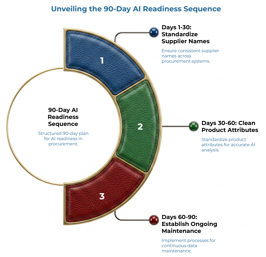 “Unveiling the 90-Day AI Readiness Sequence” showing a three-part circular roadmap: days 1–30 standardize supplier names, days 30–60 clean product attributes, and days 60–90 establish ongoing procurement data maintenance.