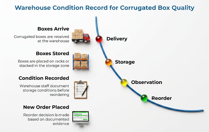 “Warehouse Condition Record for Corrugated Box Quality” showing boxes moving from delivery and storage to observation and reorder, with staff documenting warehouse conditions before placing a new order.