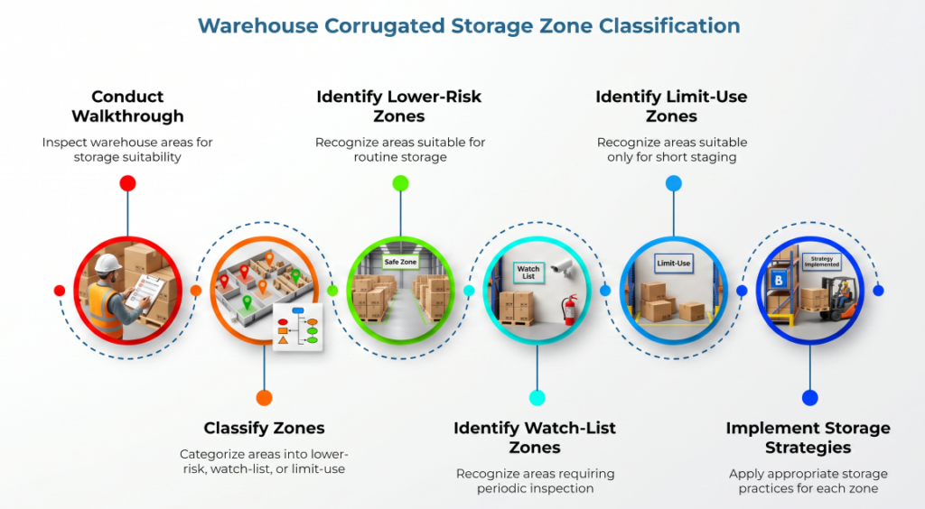 “Warehouse Corrugated Storage Zone Classification” showing a six-step process: conduct walkthrough, classify zones, identify lower-risk, watch-list, and limit-use zones, then implement storage strategies.