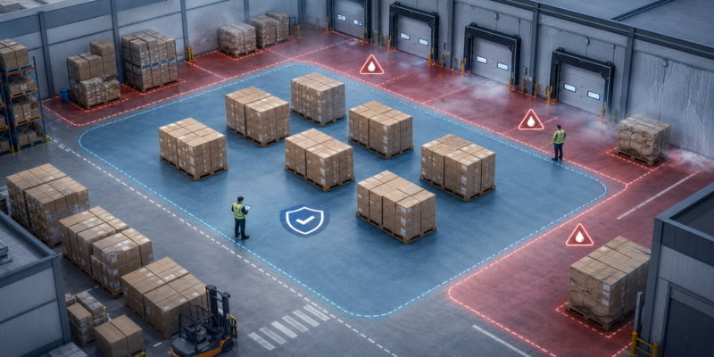 Warehouse floor map showing safe and high-risk humidity zones around stacked corrugated box pallets near loading docks.